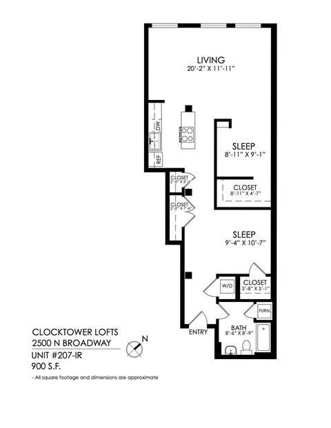 Floor plan for 2 beds, 1 bath, 969 sqft